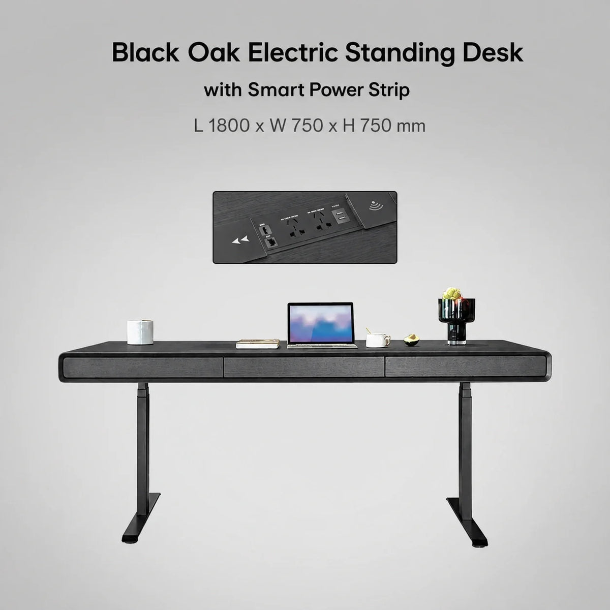 Black oak electric standing desk with smart power strip in 1800 x 750 x 750 mm size
