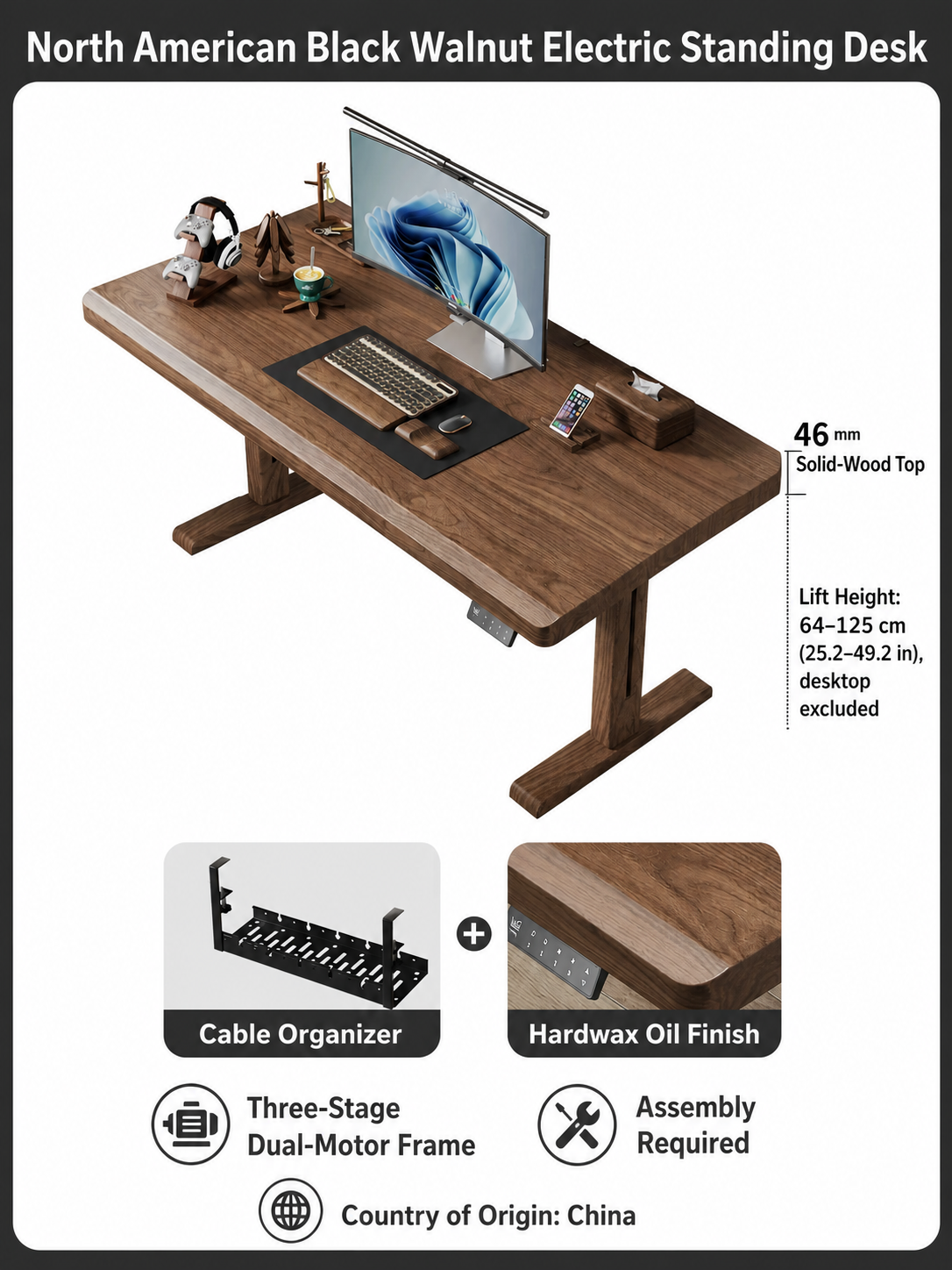North American black walnut 46 mm M2-1 dual-motor standing desk