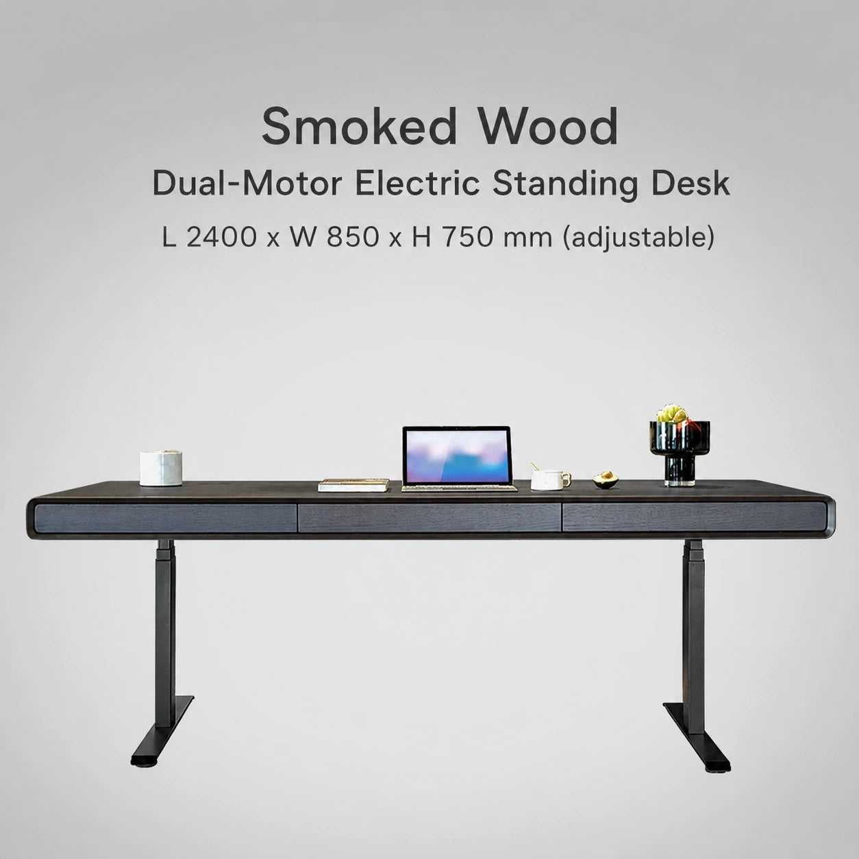Smoked wood dual-motor electric standing desk, 2400 x 850 x 750 mm