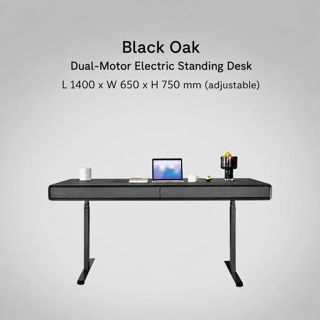 Black oak dual-motor electric standing desk, 1400 x 650 x 750 mm