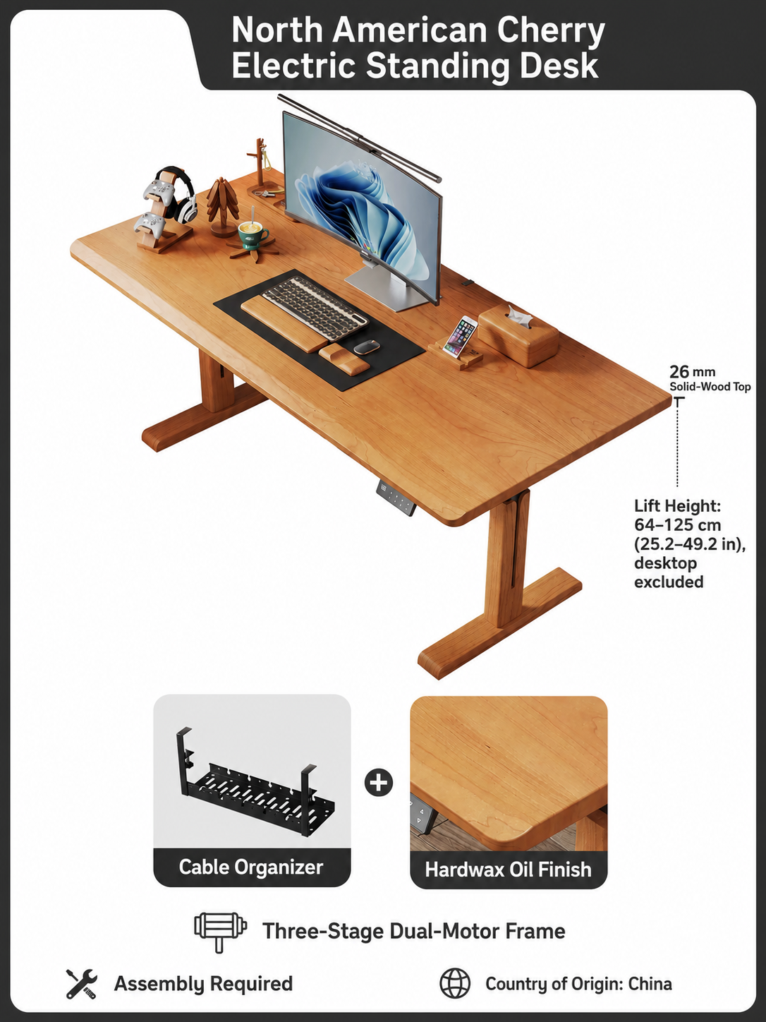 North American cherry 26 mm M2-1 dual-motor standing desk