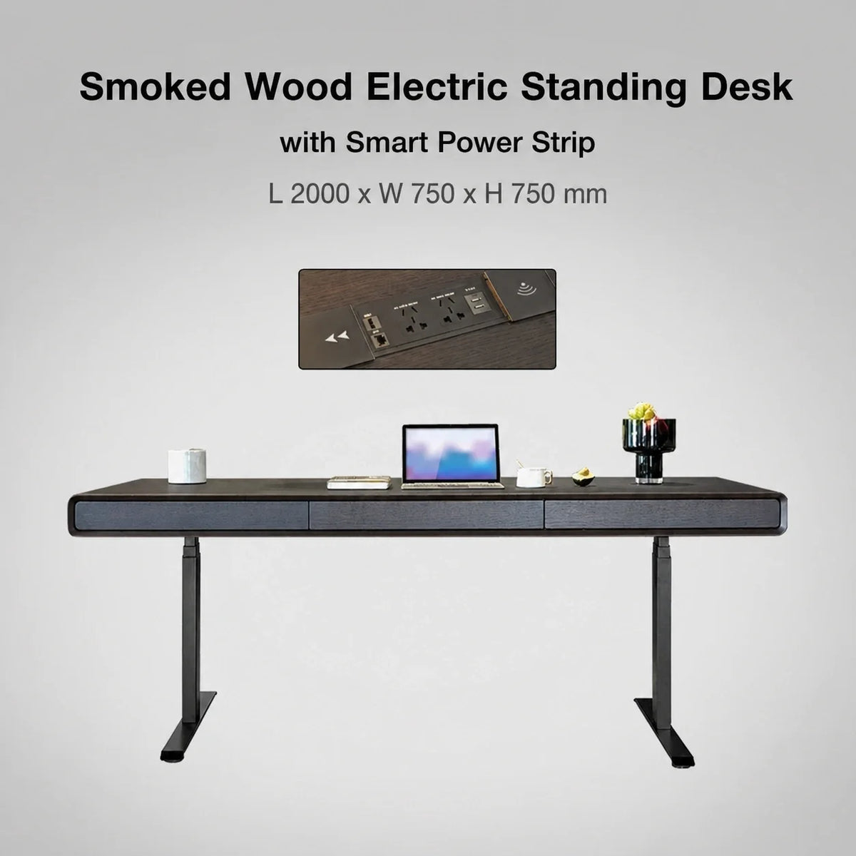 Smoked wood electric standing desk with smart power strip in 2000 x 750 x 750 mm size