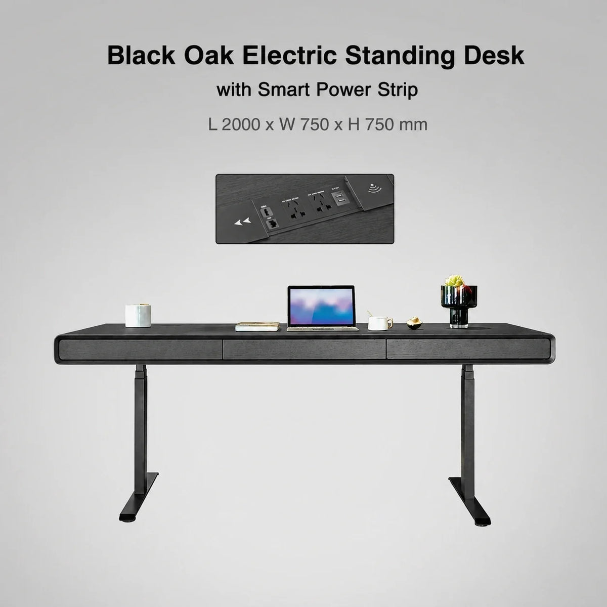 Black oak electric standing desk with smart power strip in 2000 x 750 x 750 mm size