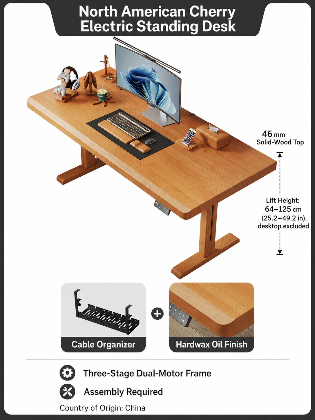 North American cherry 46 mm M2-1 dual-motor standing desk