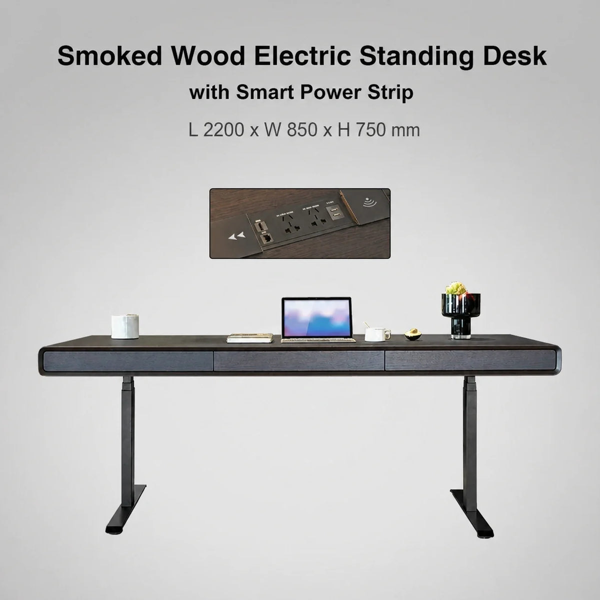 Smoked wood electric standing desk with smart power strip in 2200 x 850 x 750 mm size