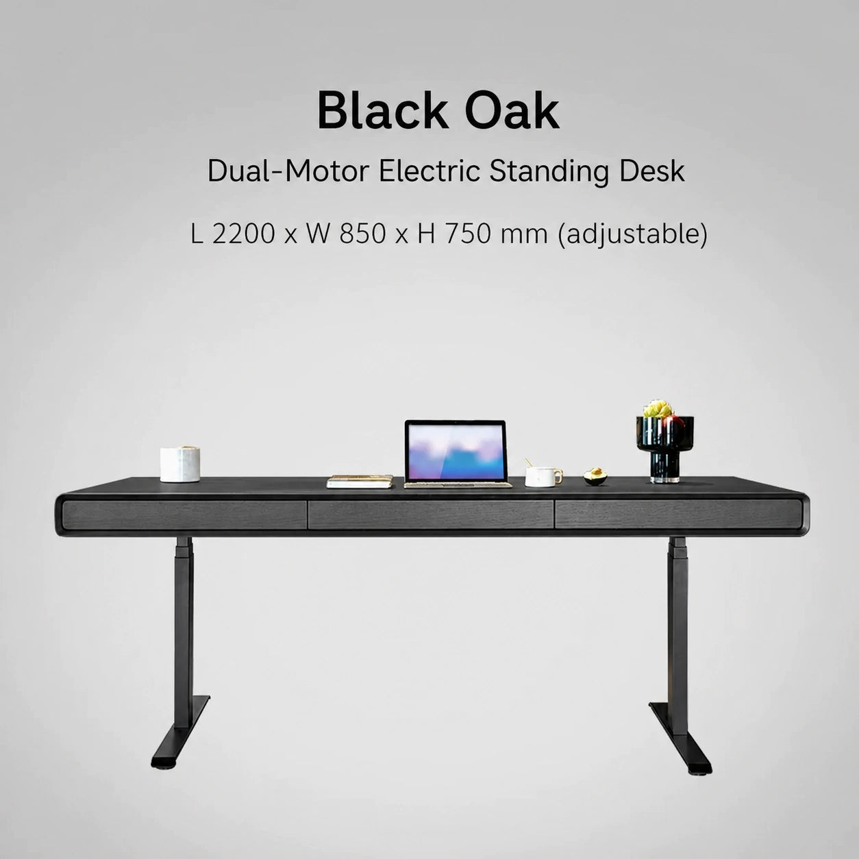 black oak dual motor electric standing desk 2200 x 850 x 750 mm