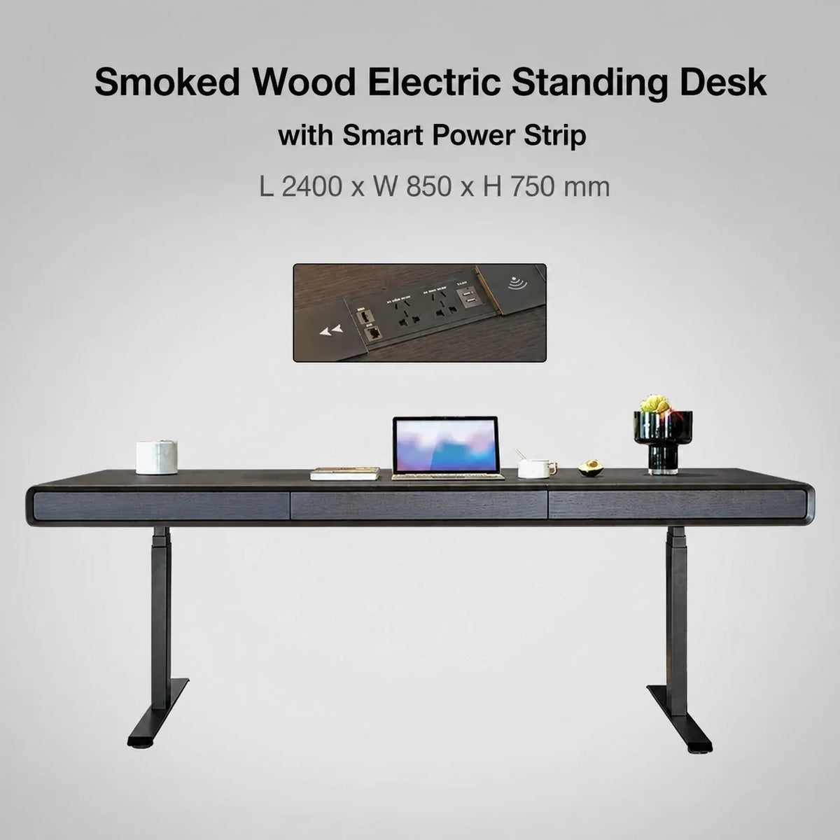 Smoked wood electric standing desk with smart power strip in 2400 x 850 x 750 mm size