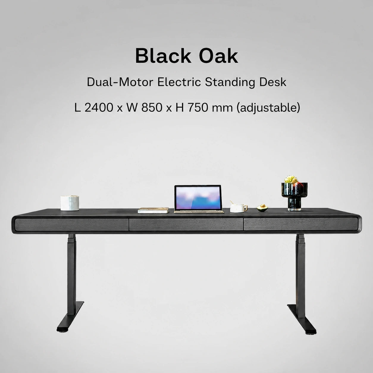 Black oak dual-motor electric standing desk, 2400 x 850 x 750 mm