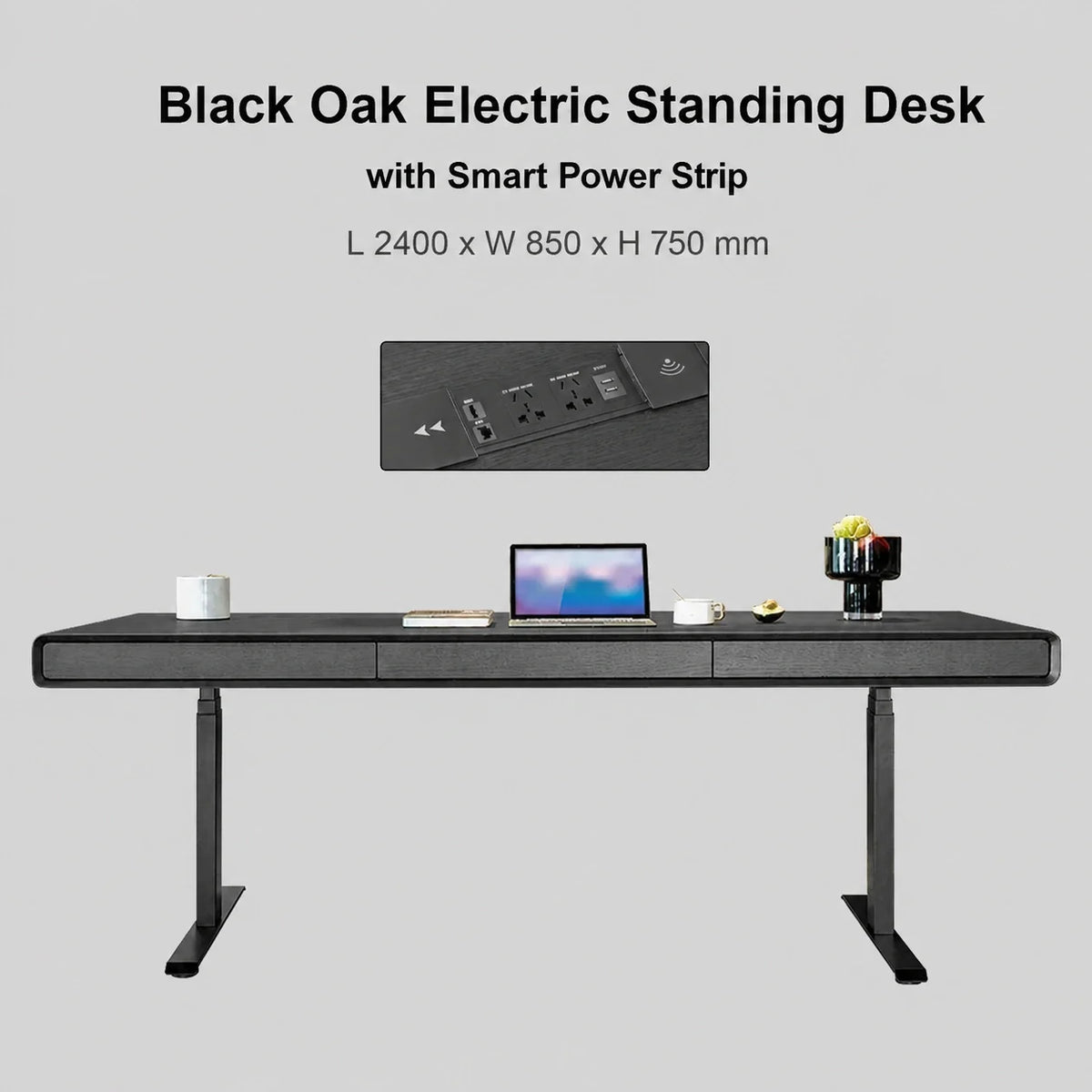 Black oak electric standing desk with smart power strip in 2400 x 850 x 750 mm size
