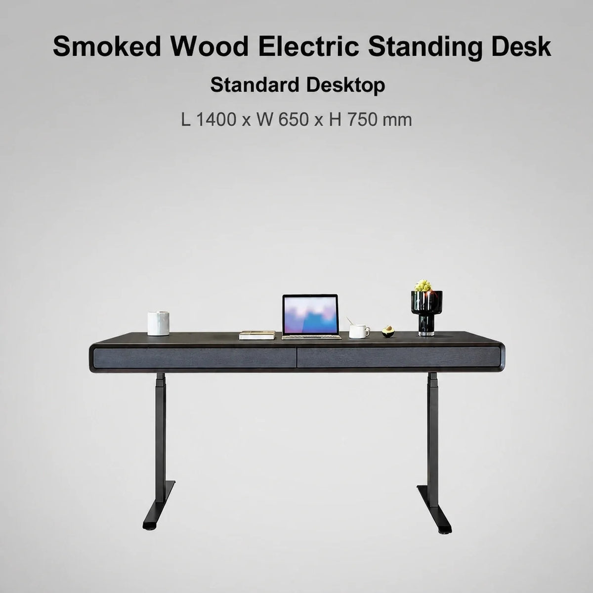 Smoked wood standard electric standing desk in 1400 x 650 x 750 mm size
