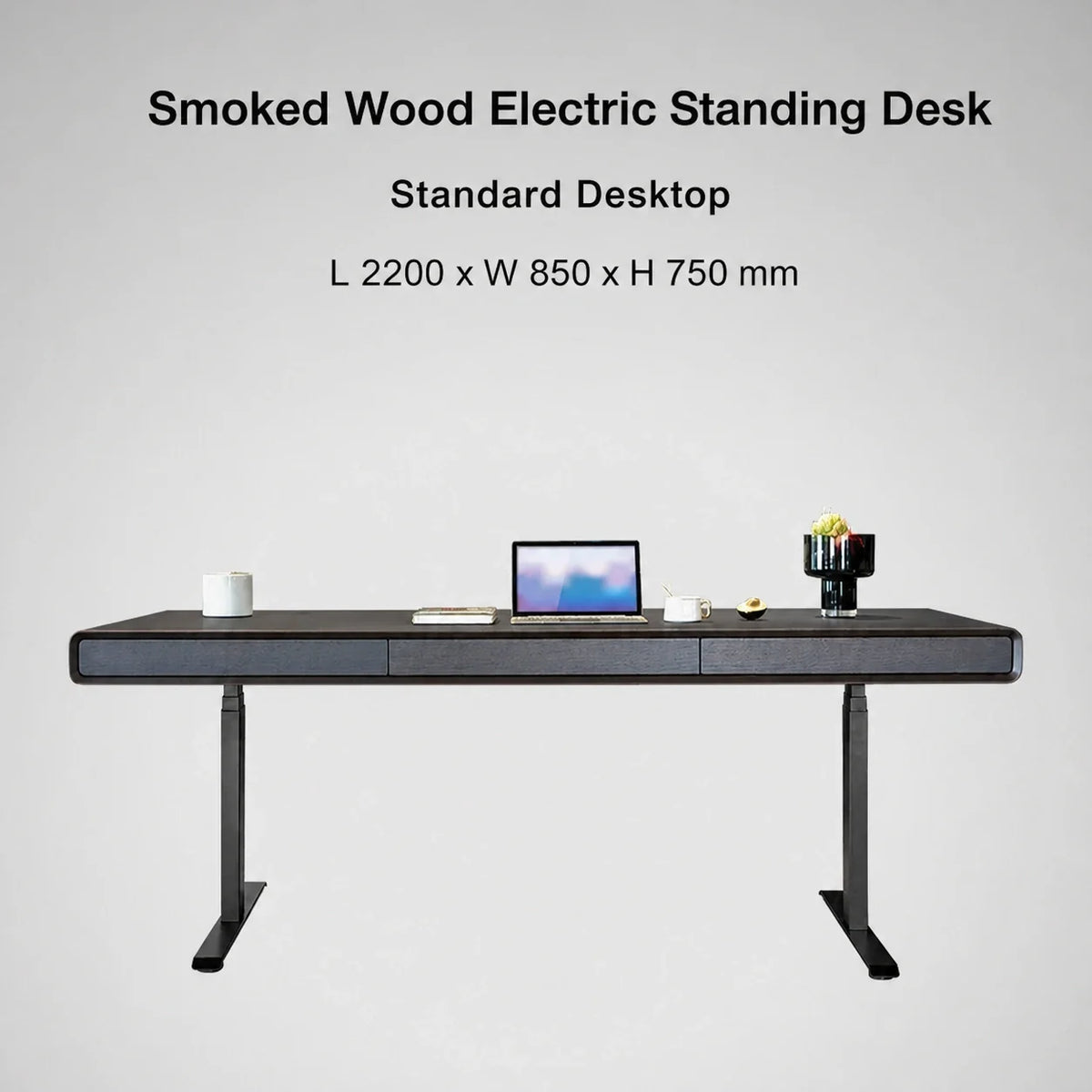 Smoked wood standard electric standing desk in 2200 x 850 x 750 mm size