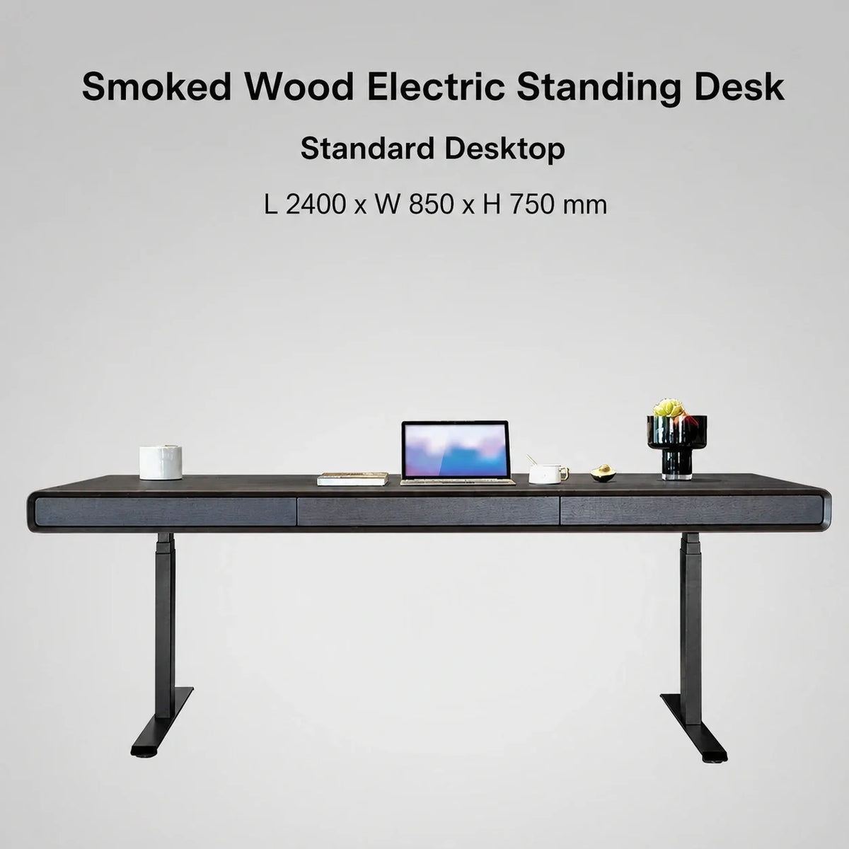 Smoked wood standard electric standing desk in 2400 x 850 x 750 mm size