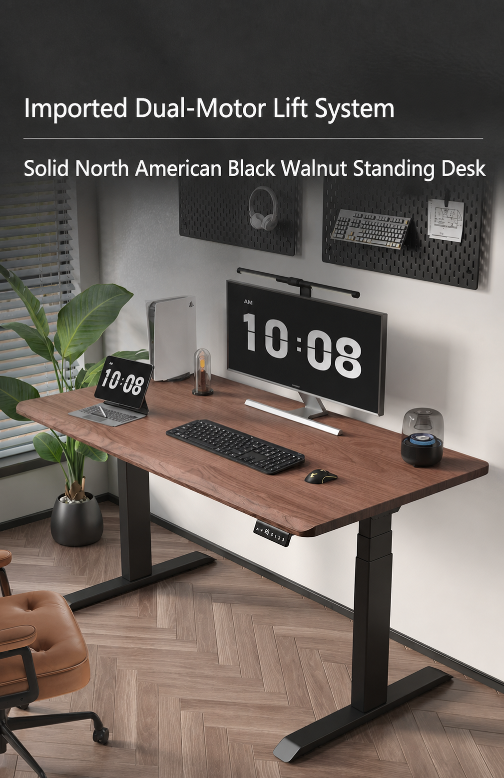 Solid black walnut electric standing desk with imported dual-motor lift system
