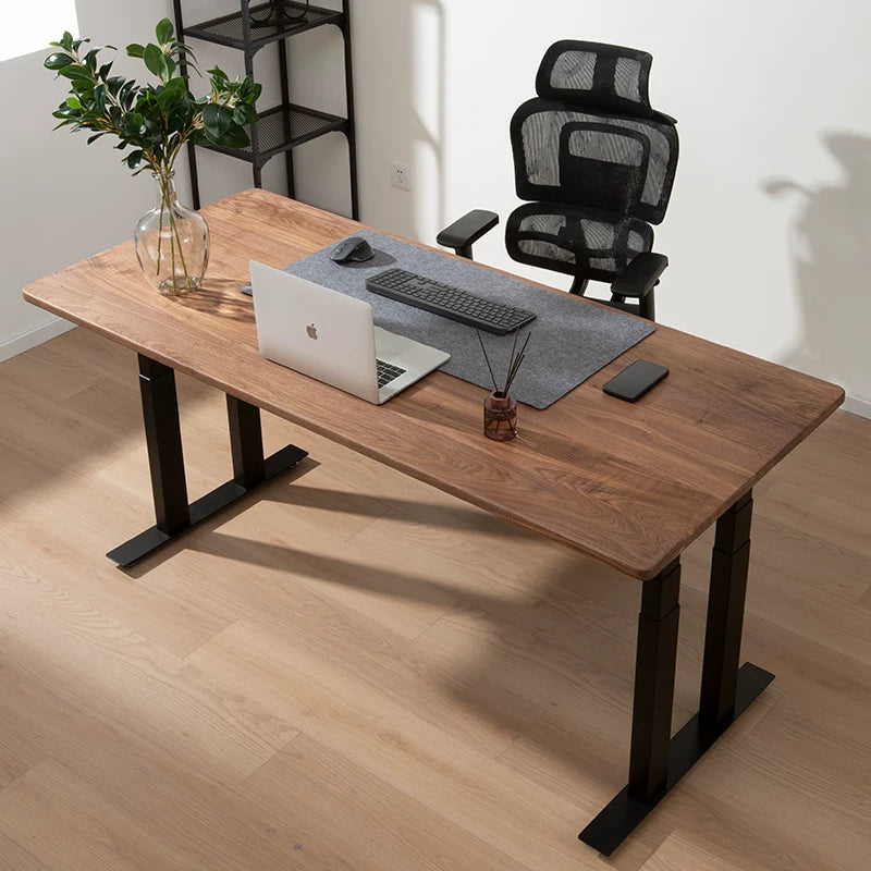 Executive standing desk product showcase with solid walnut desktop