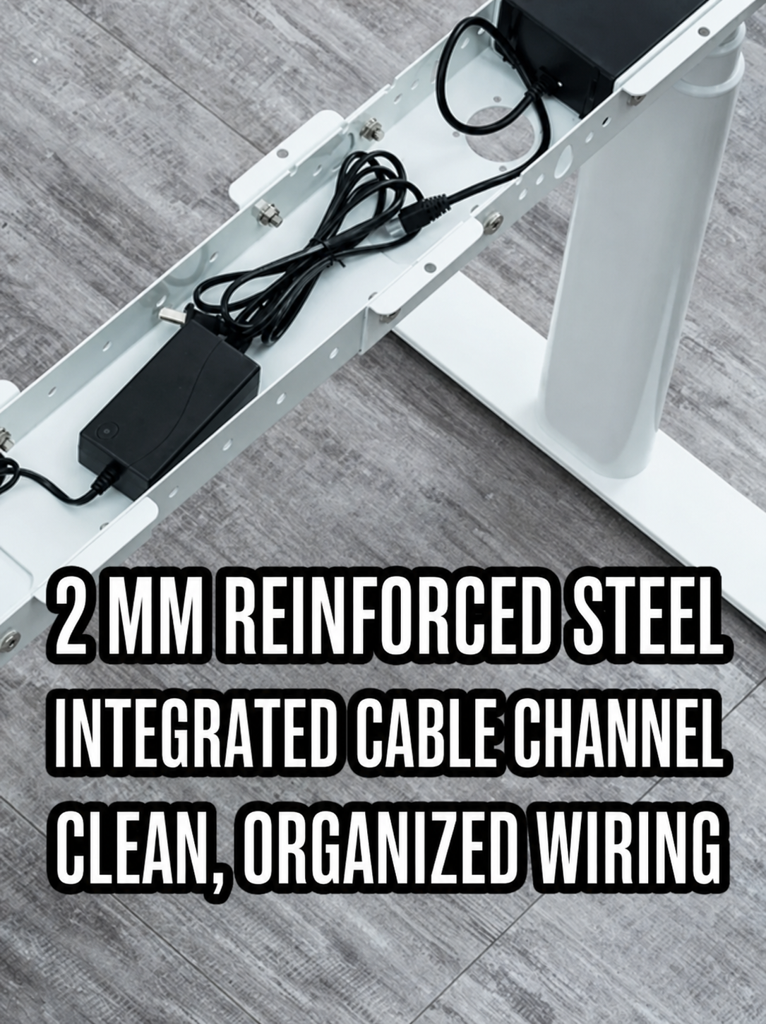 Reinforced steel standing desk frame with integrated cable channel