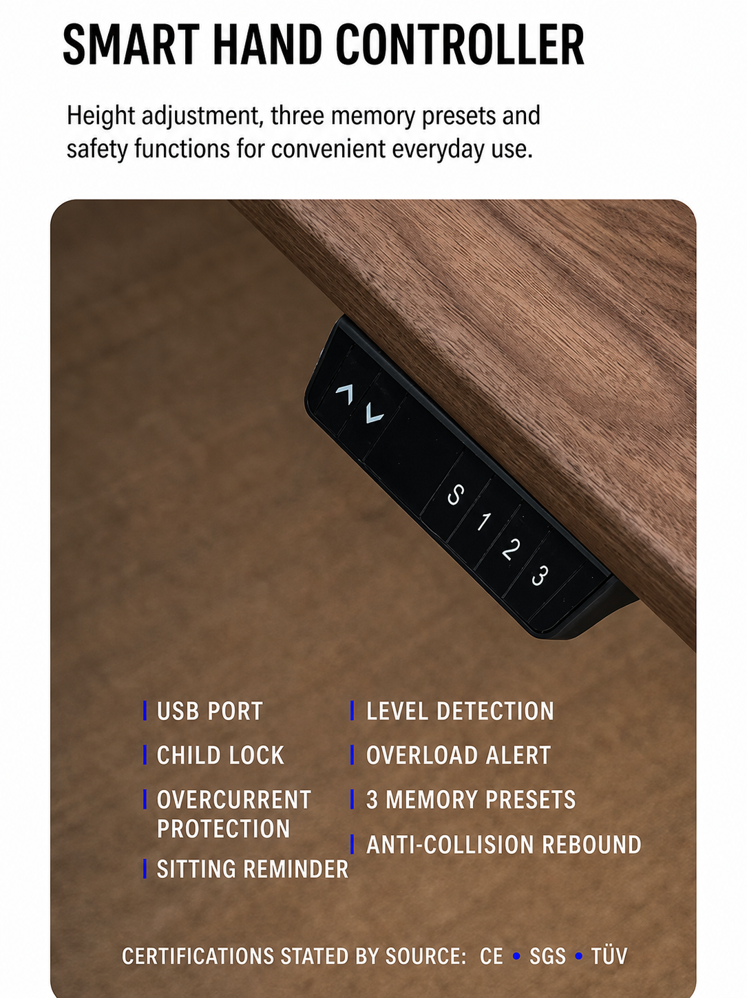 Standing desk smart hand controller and safety functions