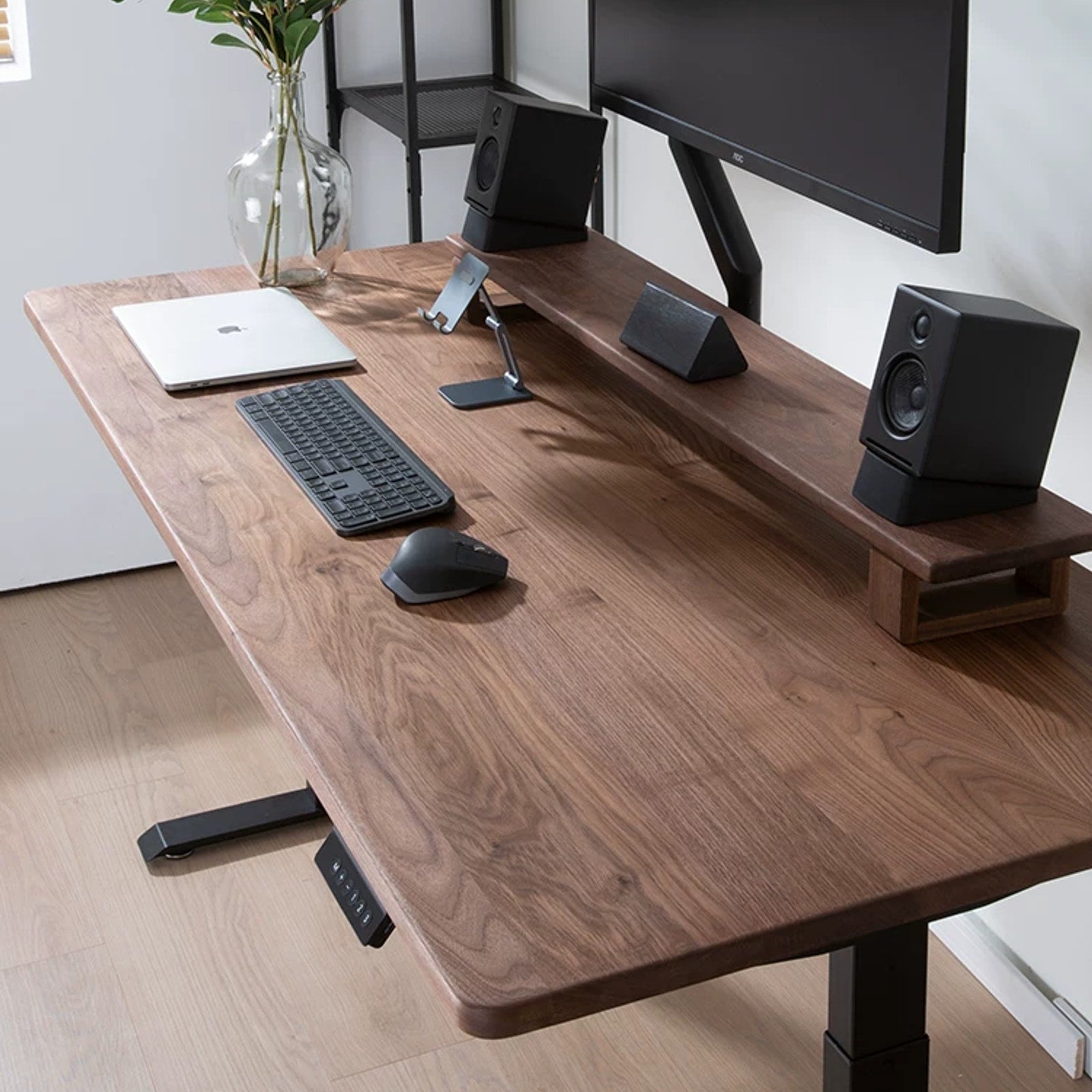 Compact Solid Black Walnut Electric Standing Desk solid black walnut desktop detail