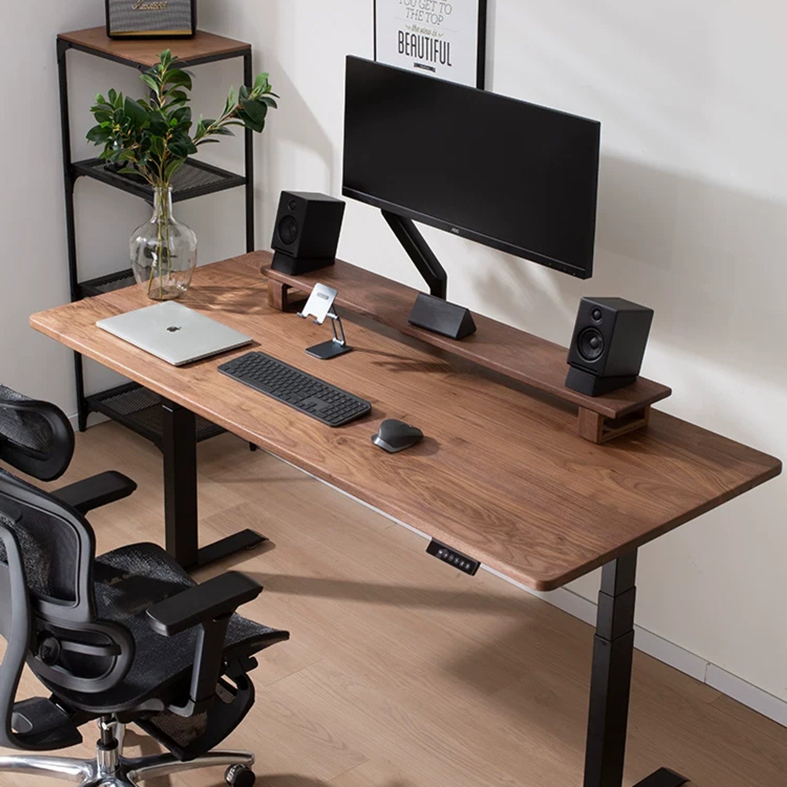 Compact Solid Black Walnut Electric Standing Desk with adjustable sit-stand height
