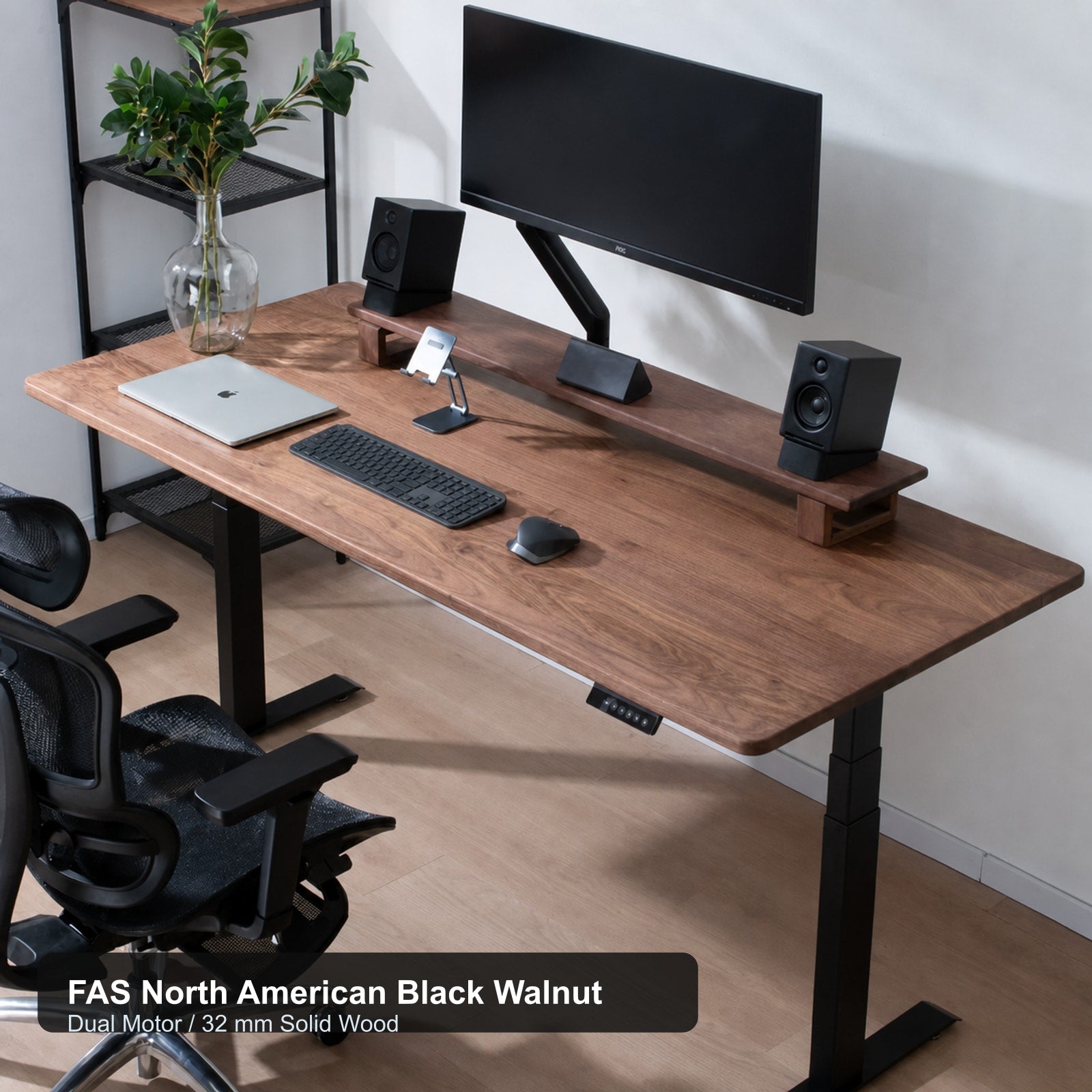 Compact Solid Black Walnut Electric Standing Desk - North American Black Walnut / Dual Motor / 32 mm