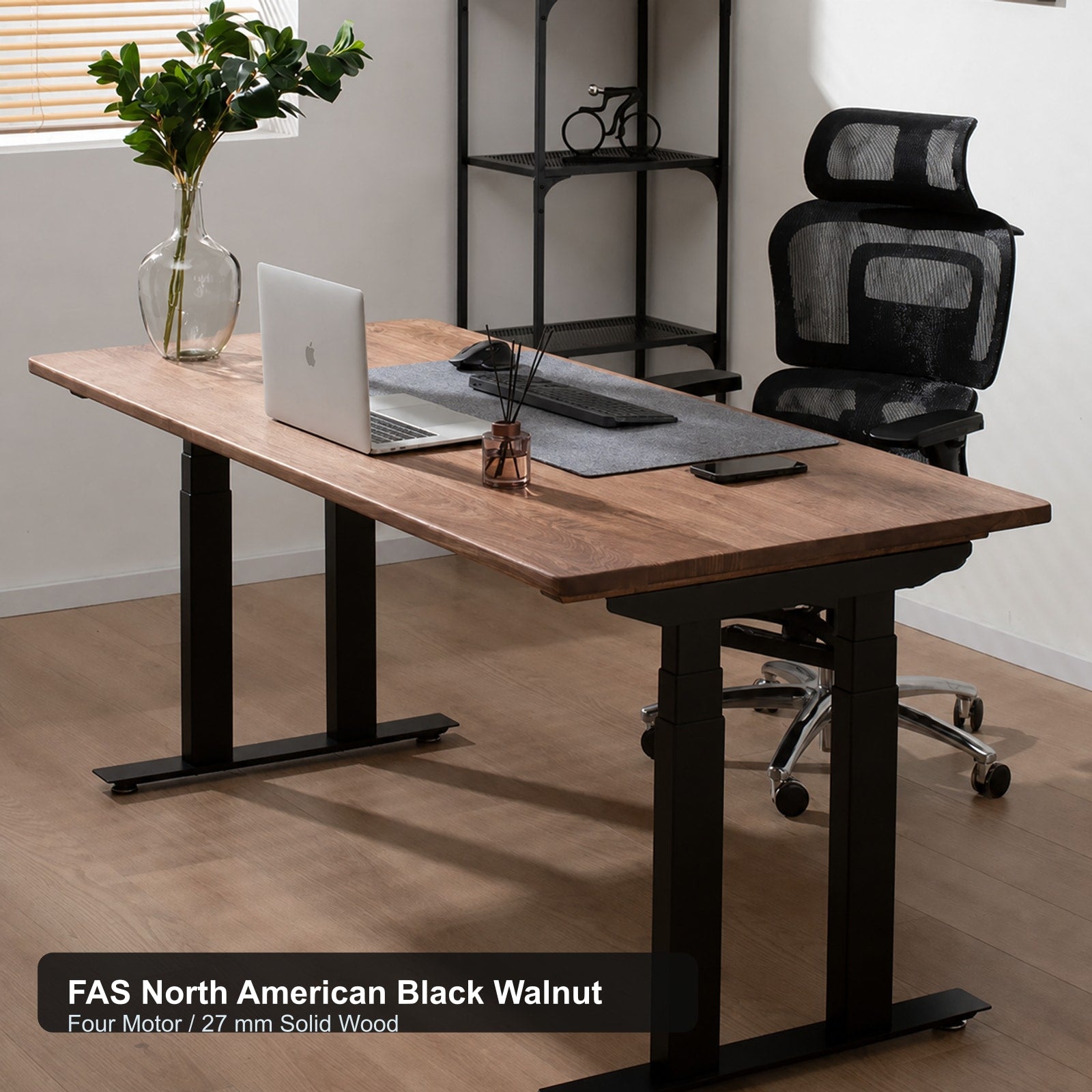 Compact Solid Black Walnut Electric Standing Desk - North American Black Walnut / Four Motor / 27 mm