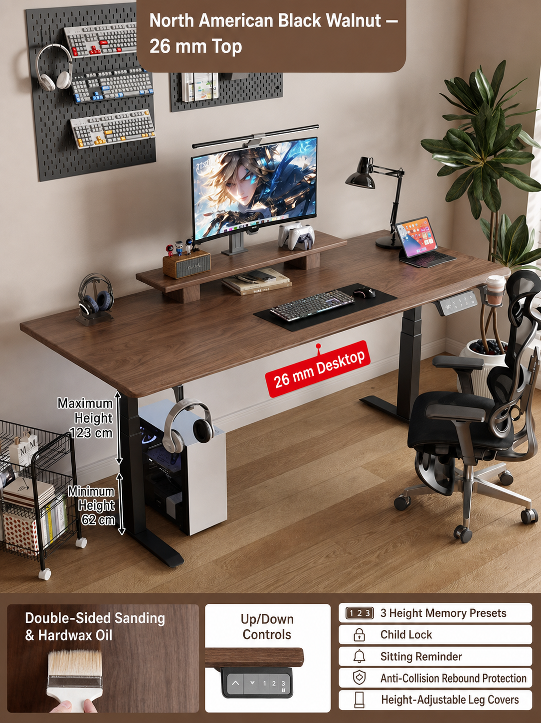 North American Black Walnut 26 mm three-stage desk