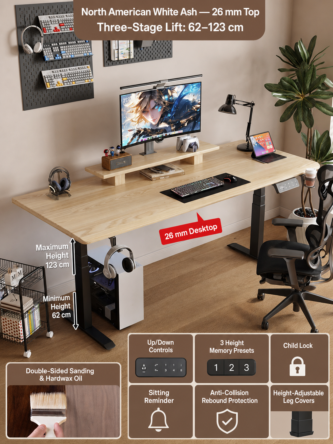 North American White Ash 26 mm three-stage desk