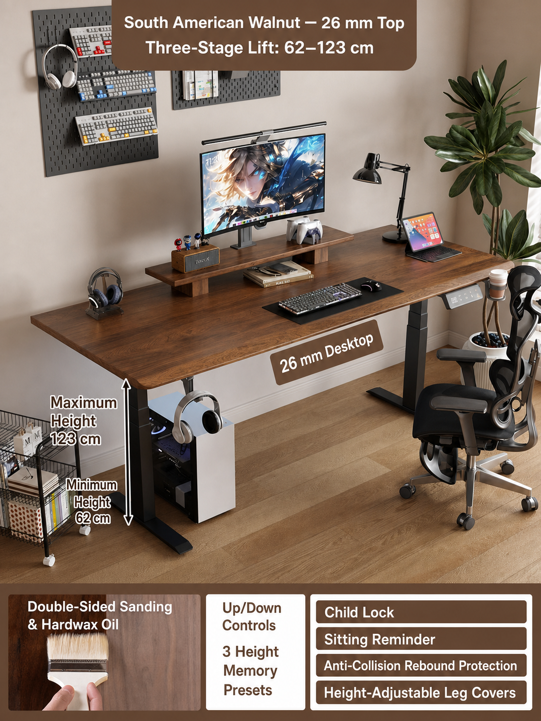 South American Walnut 26 mm three-stage desk