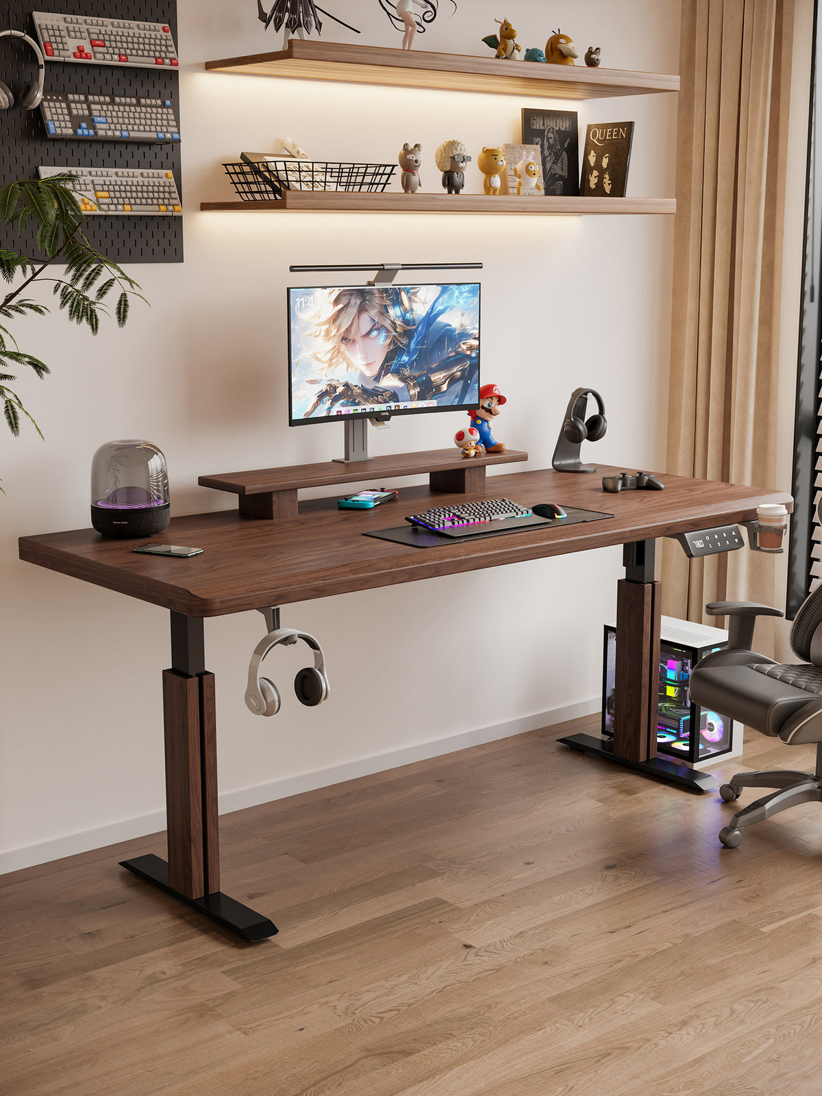 Solid wood electric standing desk in a home office