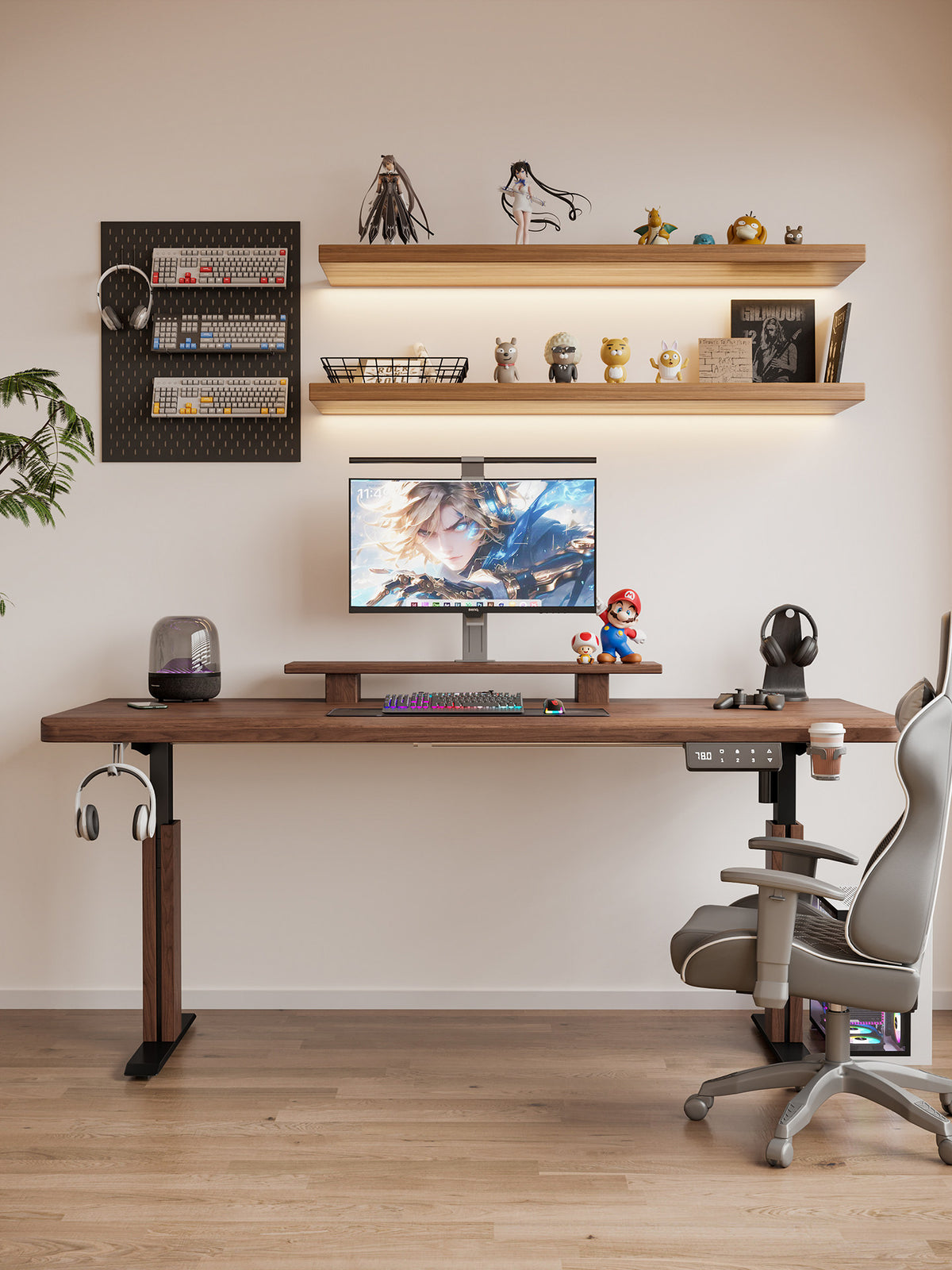 Height-adjustable solid wood desk with coordinated leg covers