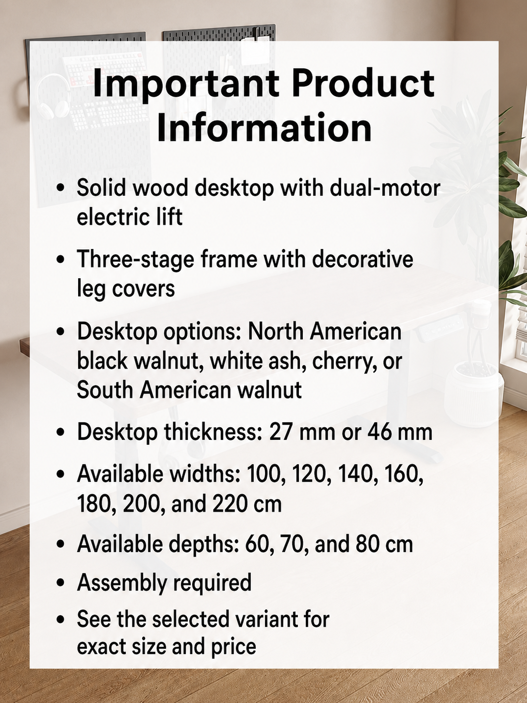 Important product information for the standing desk