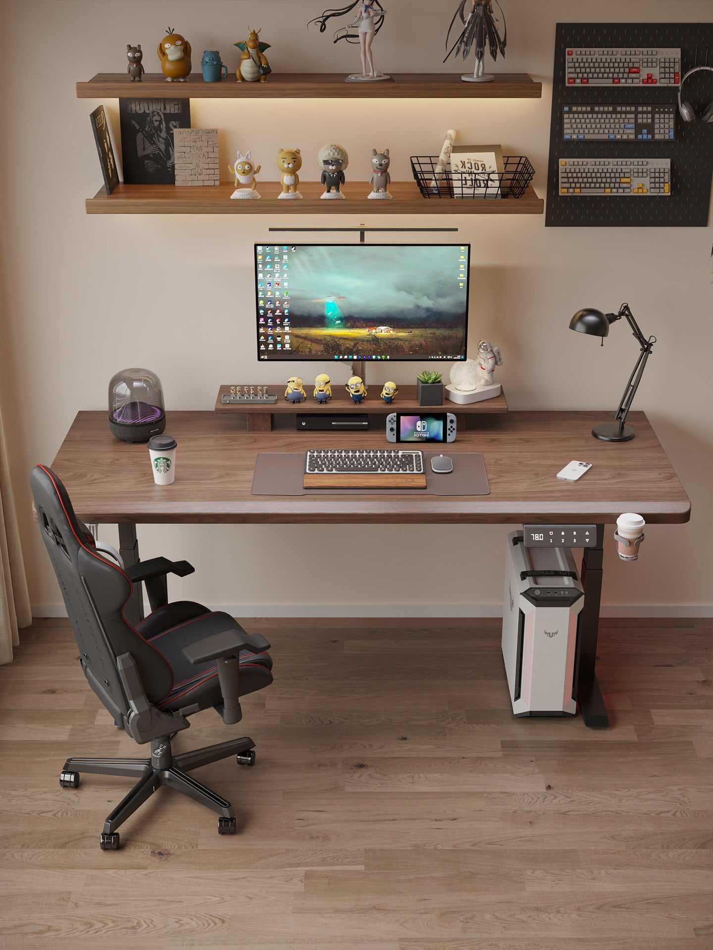 Front view of solid wood electric standing desk