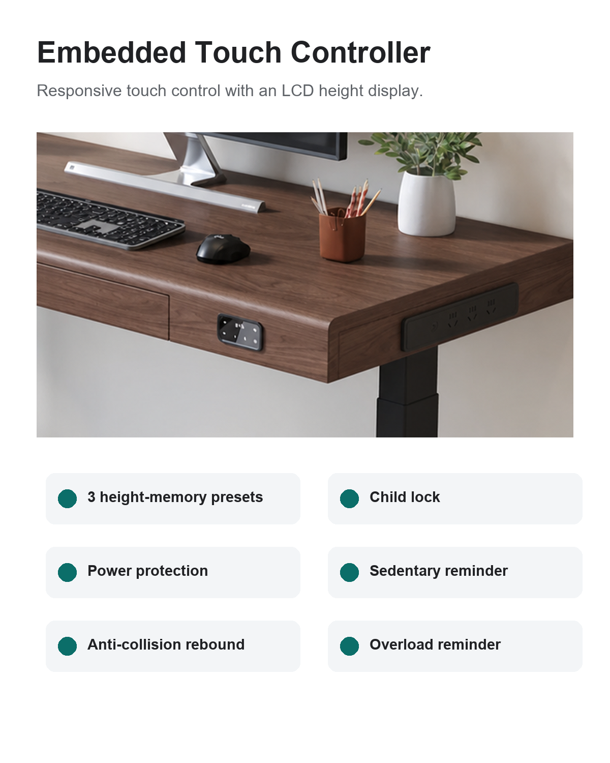 Standing desk controller with memory presets and child lock
