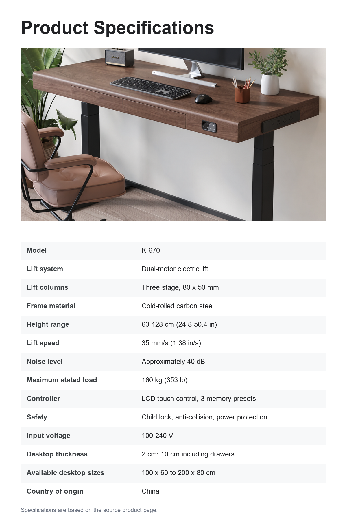 Solid wood dual-motor standing desk specifications