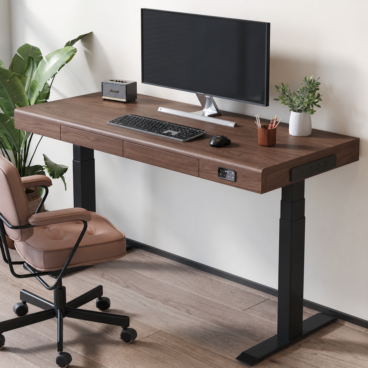 Solid wood dual-motor standing desk with drawers and built-in power, front view