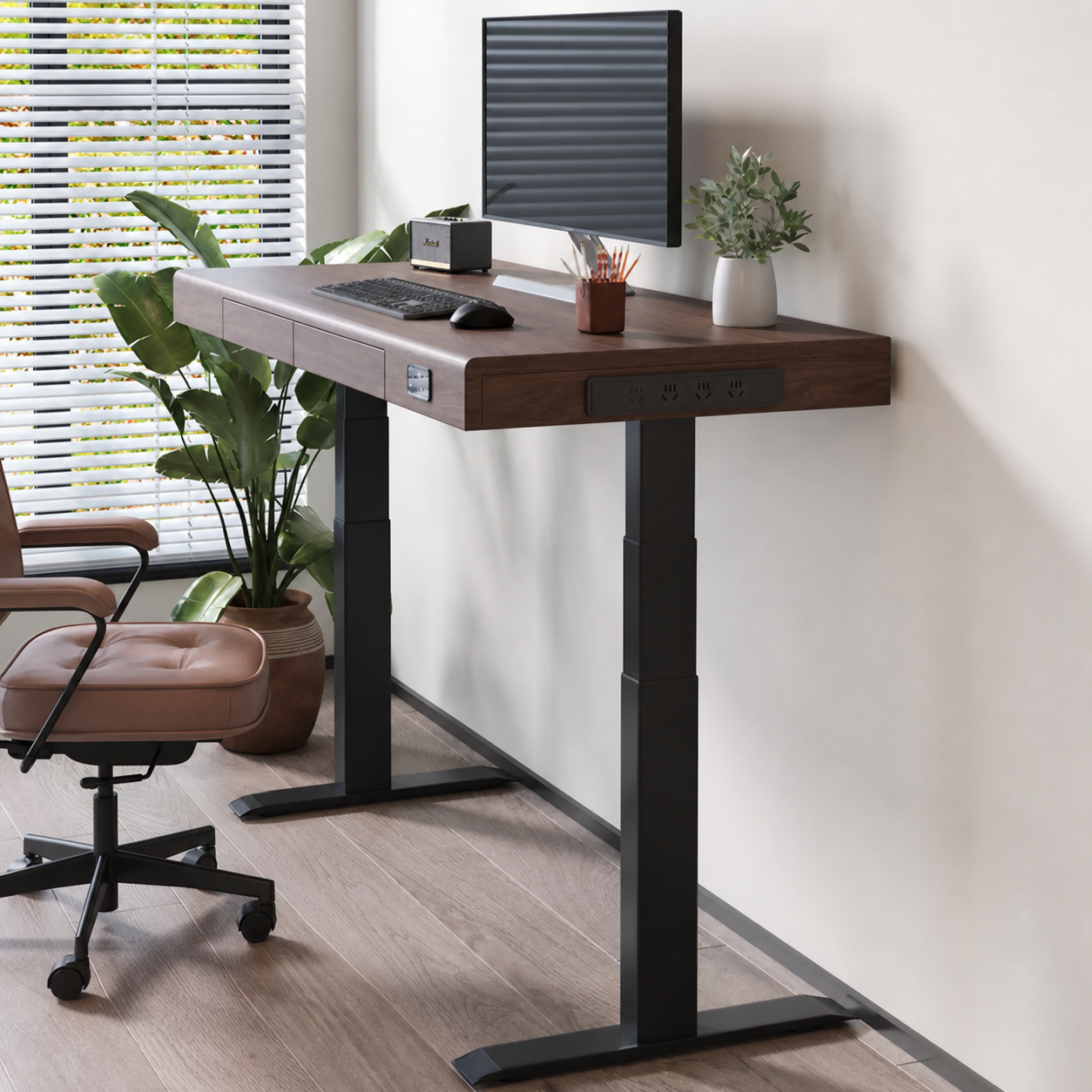 Executive solid wood electric standing desk with integrated drawers