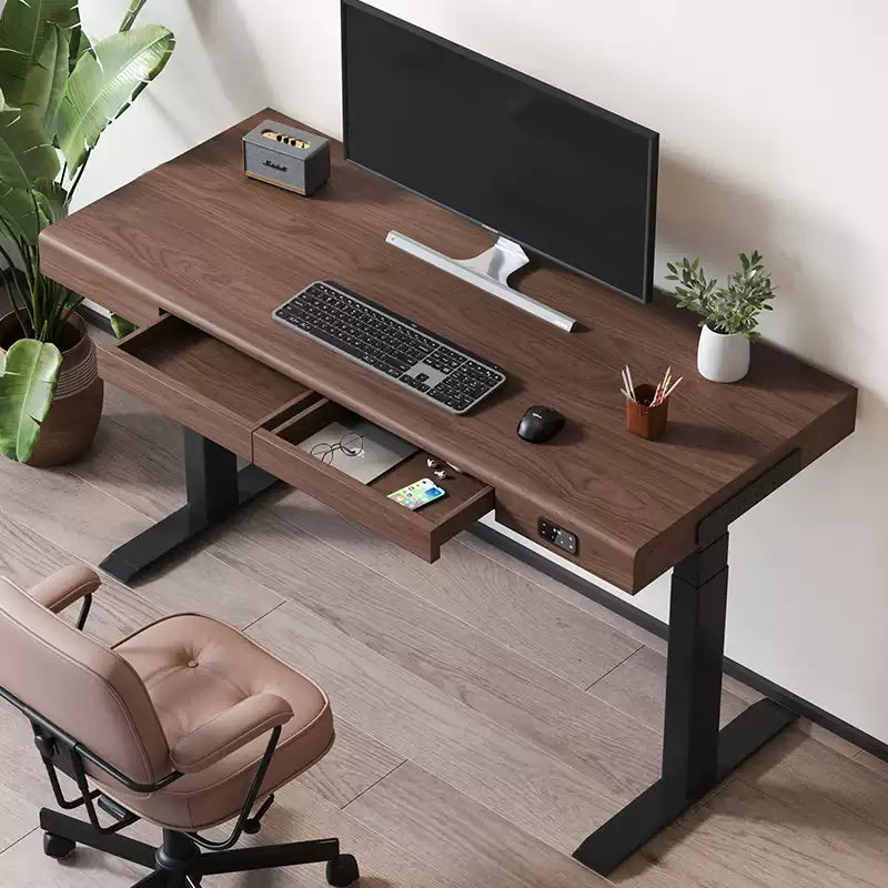 Solid wood sit-stand desk overhead workspace view
