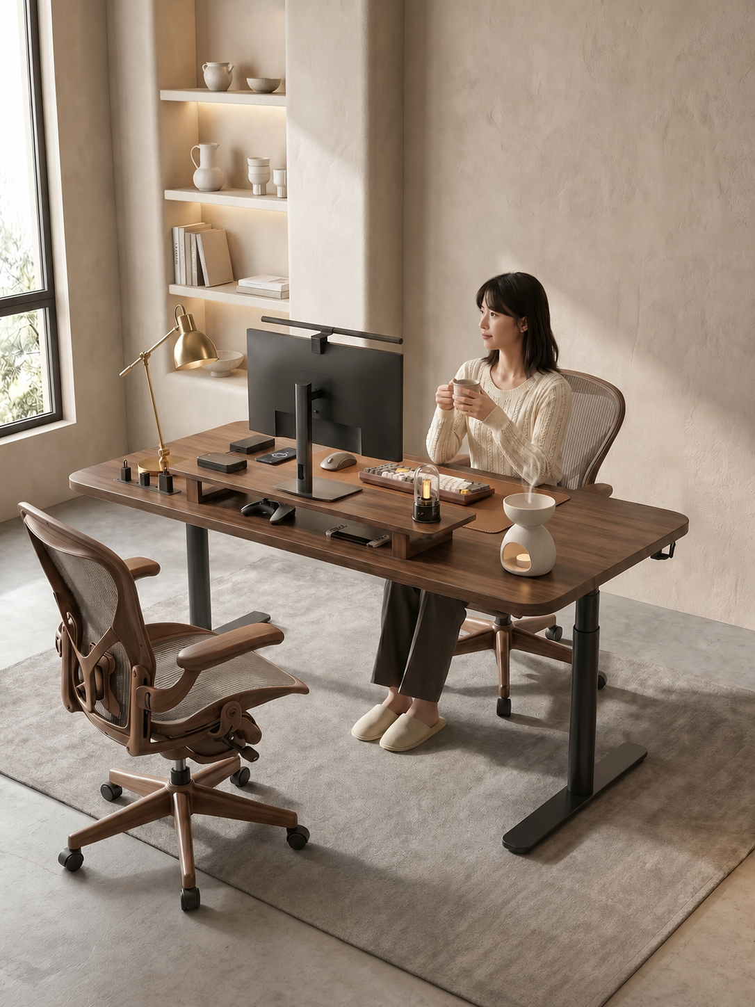 Vintage Solid Wood Electric Standing Desk with Round Legs