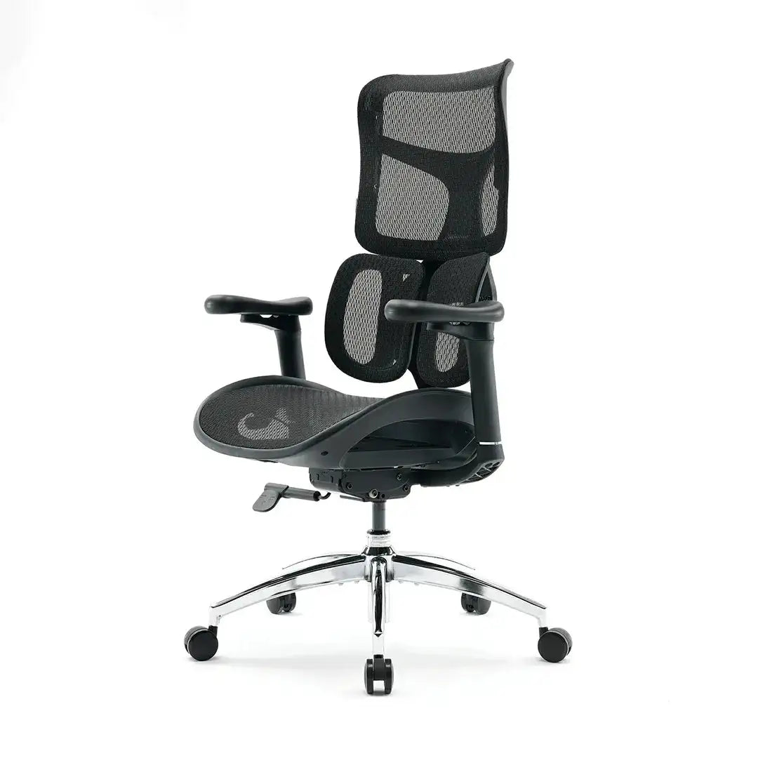 Gravity-defying black mesh ergonomic chair featuring dual dynamic lumbar support for an adaptive, weightless seating experience.