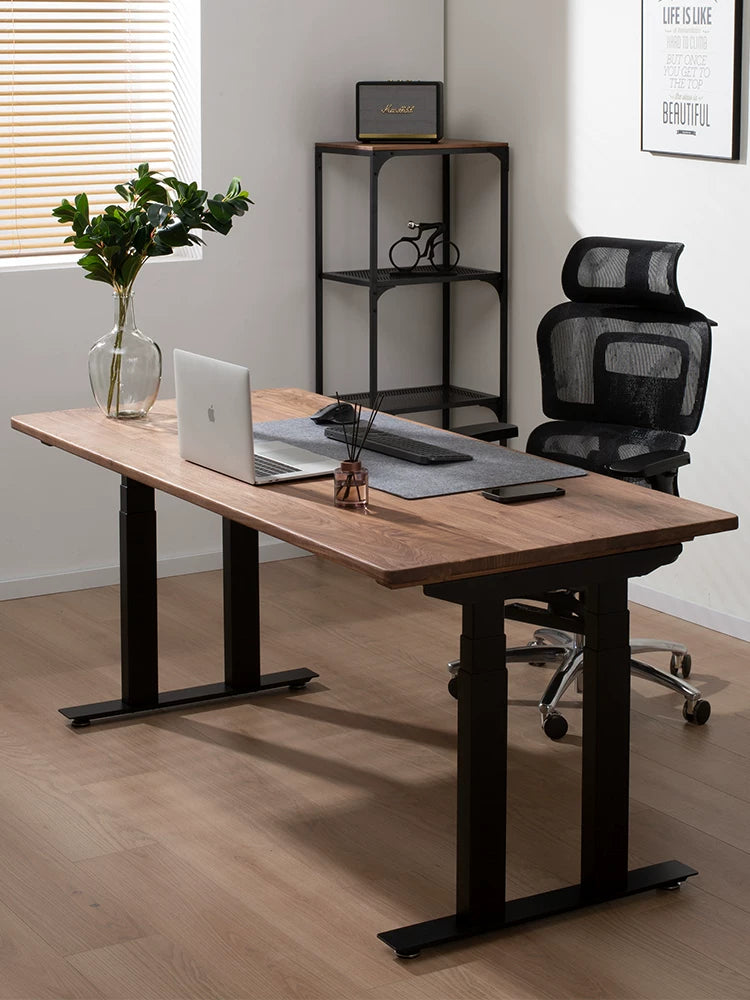 Solid black walnut four-motor executive standing desk in a modern office