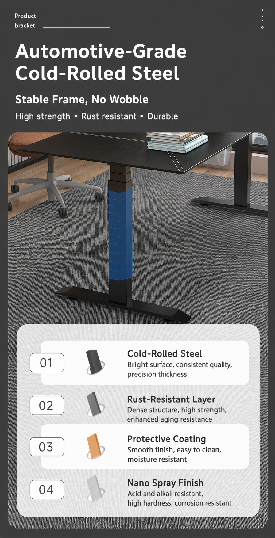 Cold-rolled steel three-stage standing desk frame
