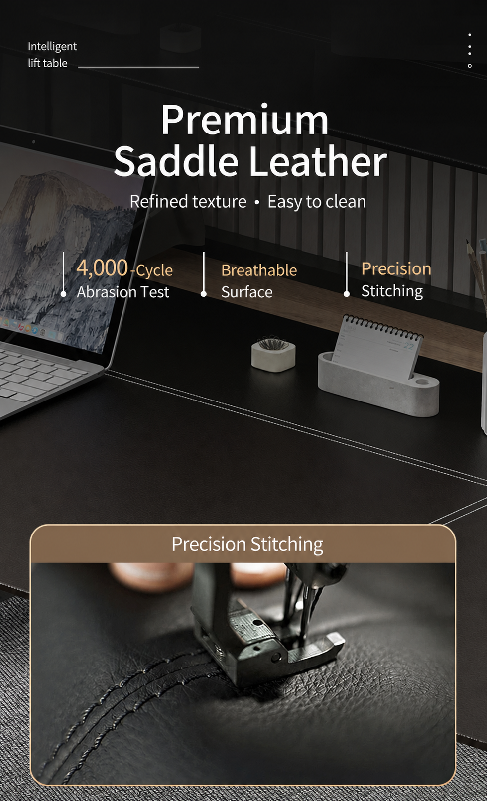 Saddle leather desktop and precision stitching
