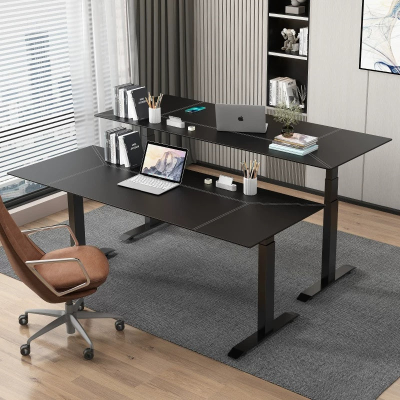 Extra-wide saddle leather three-motor standing desk for two users