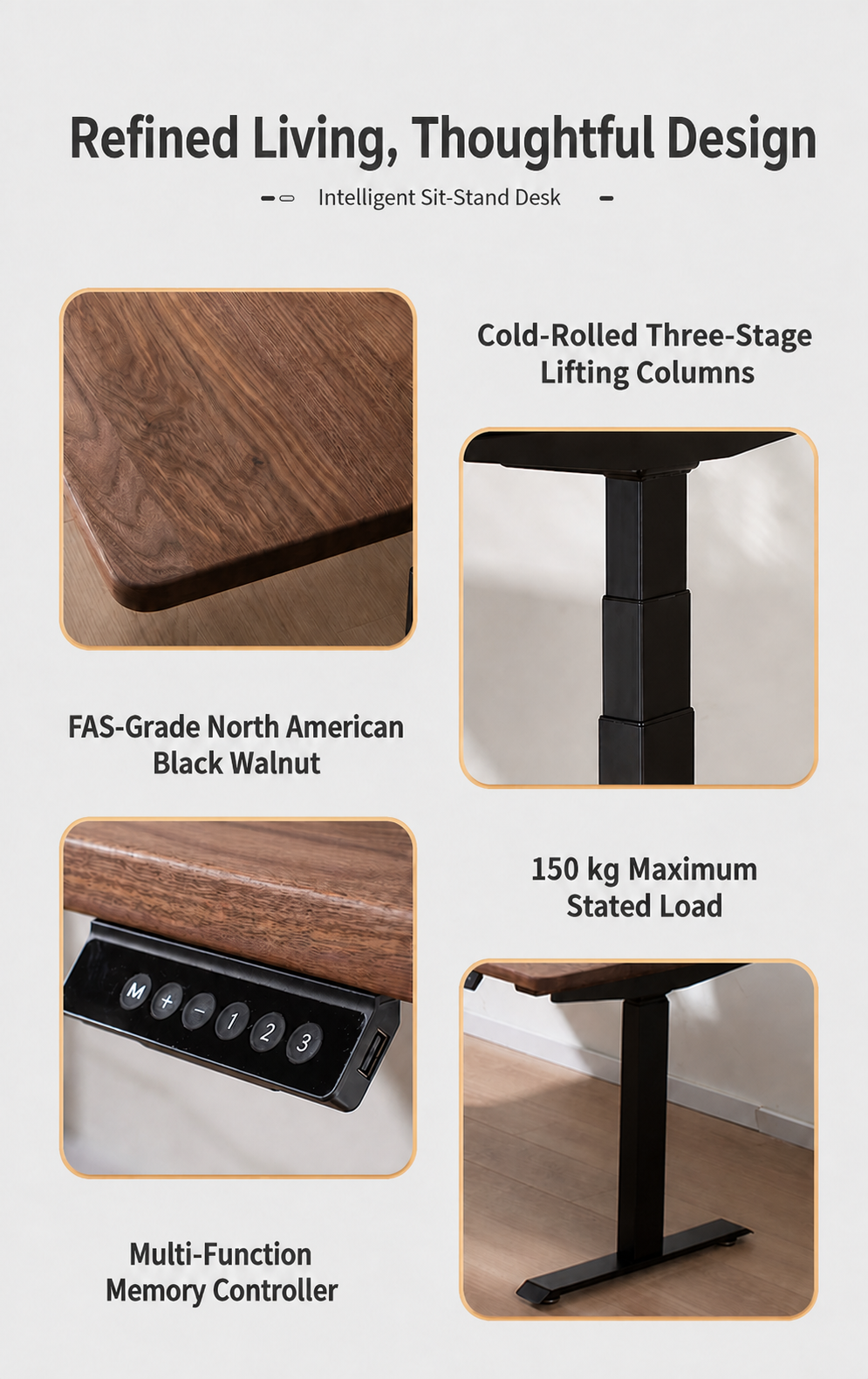 Solid Black Walnut Electric Standing Desk - Dual or Four Motor feature 03