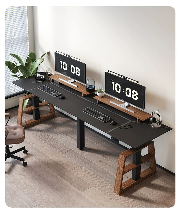 Extra-Wide Triple-Motor Standing Desk with Wood-Accent Legs black carbon-fiber configuration