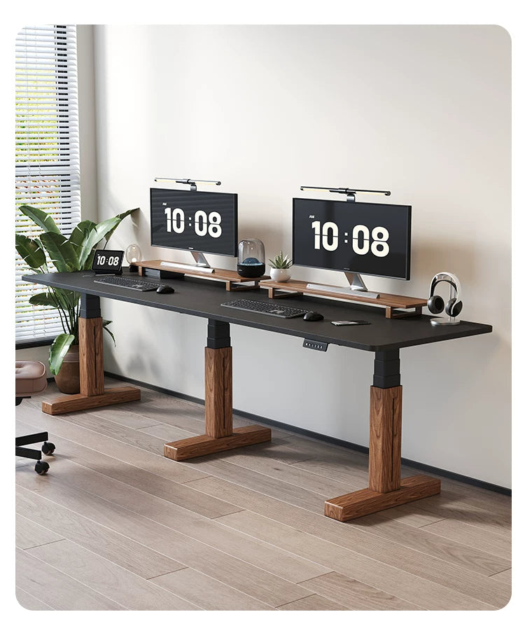 Extra-Wide Triple-Motor Standing Desk with Wood-Accent Legs wood-accent leg configuration