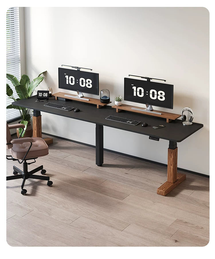 Extra-Wide Triple-Motor Standing Desk with Wood-Accent Legs matte-black configuration