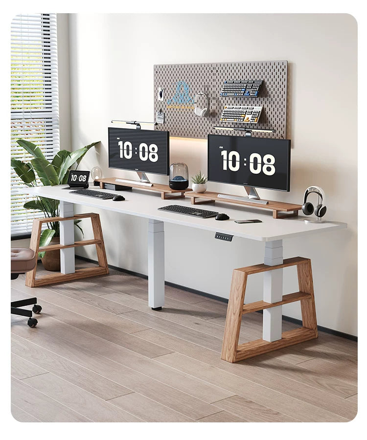 Extra-Wide Triple-Motor Standing Desk with Wood-Accent Legs pearl-white configuration