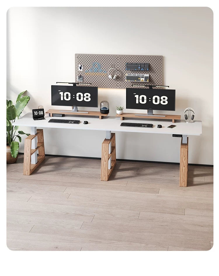Extra-Wide Triple-Motor Standing Desk with Wood-Accent Legs pearl-white workstation display