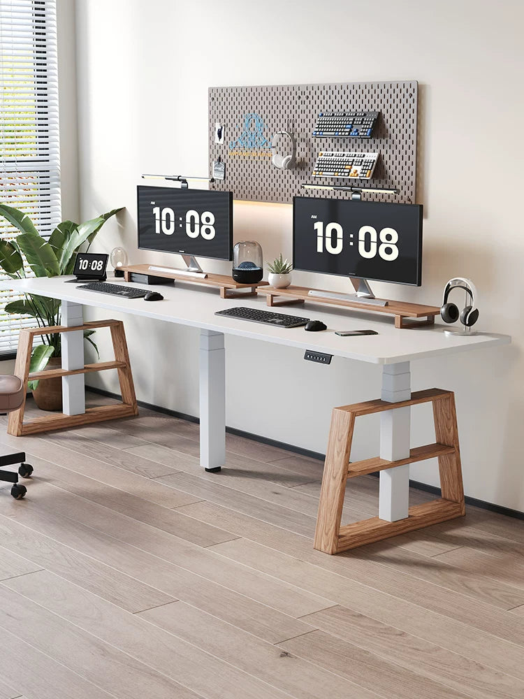Extra-Wide Triple-Motor Standing Desk with Wood-Accent Legs with pearl-white desktop and white frame