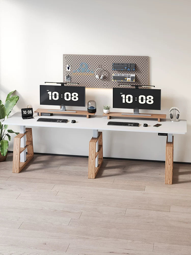 Extra-Wide Triple-Motor Standing Desk with Wood-Accent Legs pearl-white two-person workstation